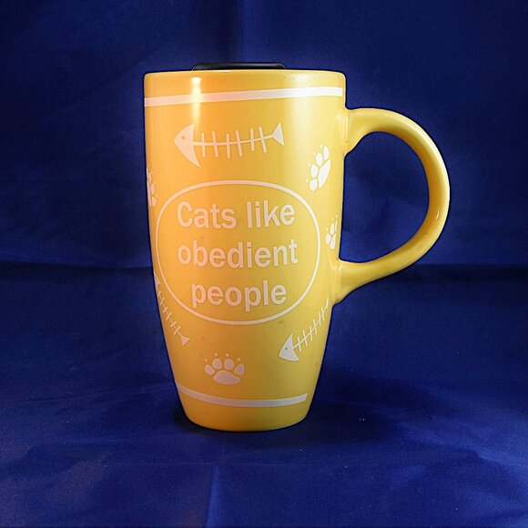 Ceramic Cat-lovers Travel Cup Kitty Kitten "Cats like obedient people" - Picture 2 of 5
